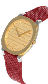 GUCCI 25H 34MM QTZ SS Golden Brass Dial Red LTHR Unisex Watch YA163415 